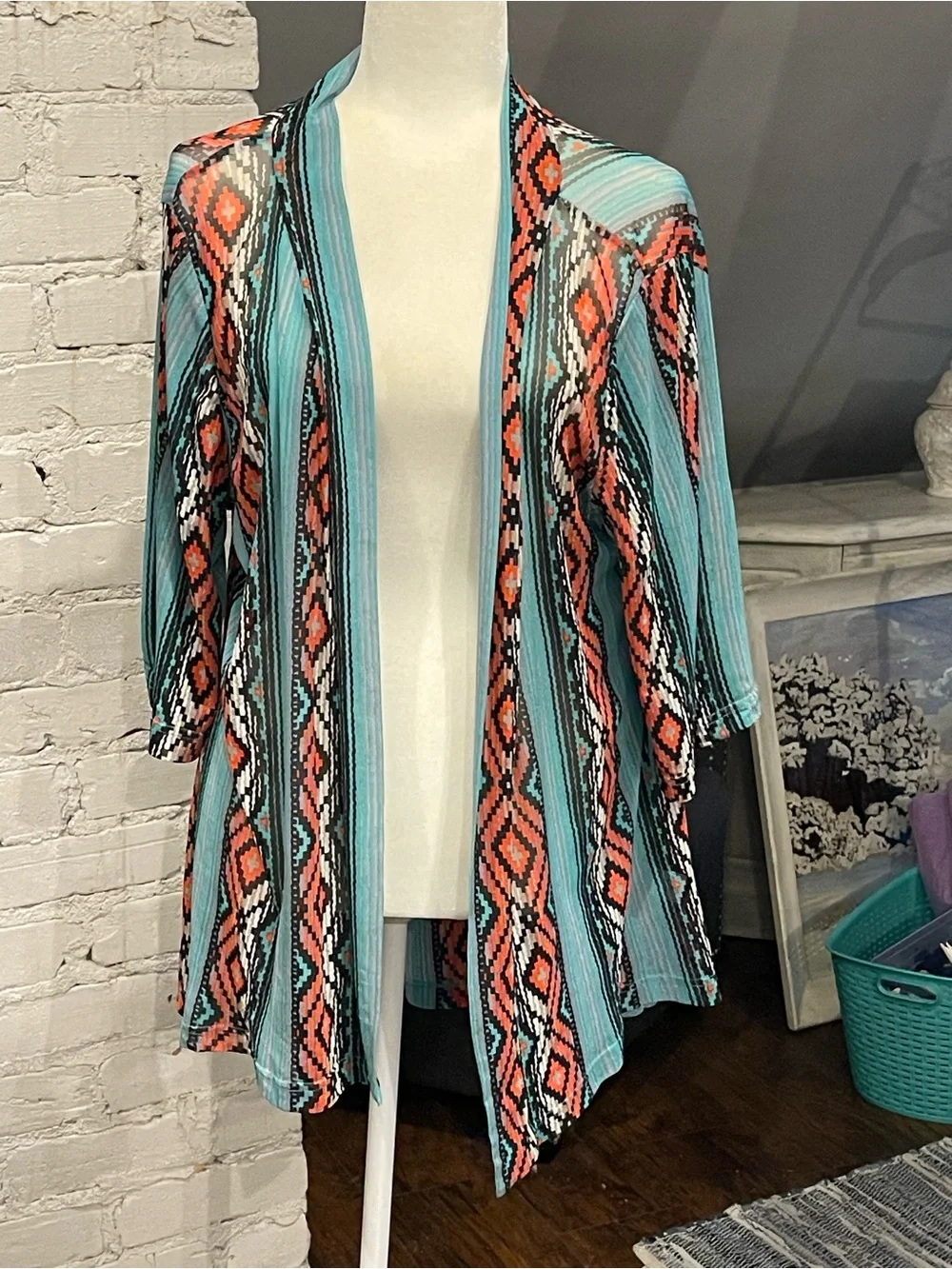 Crazy Train Open-Front Aztec Duster - Turquoise & Coral
